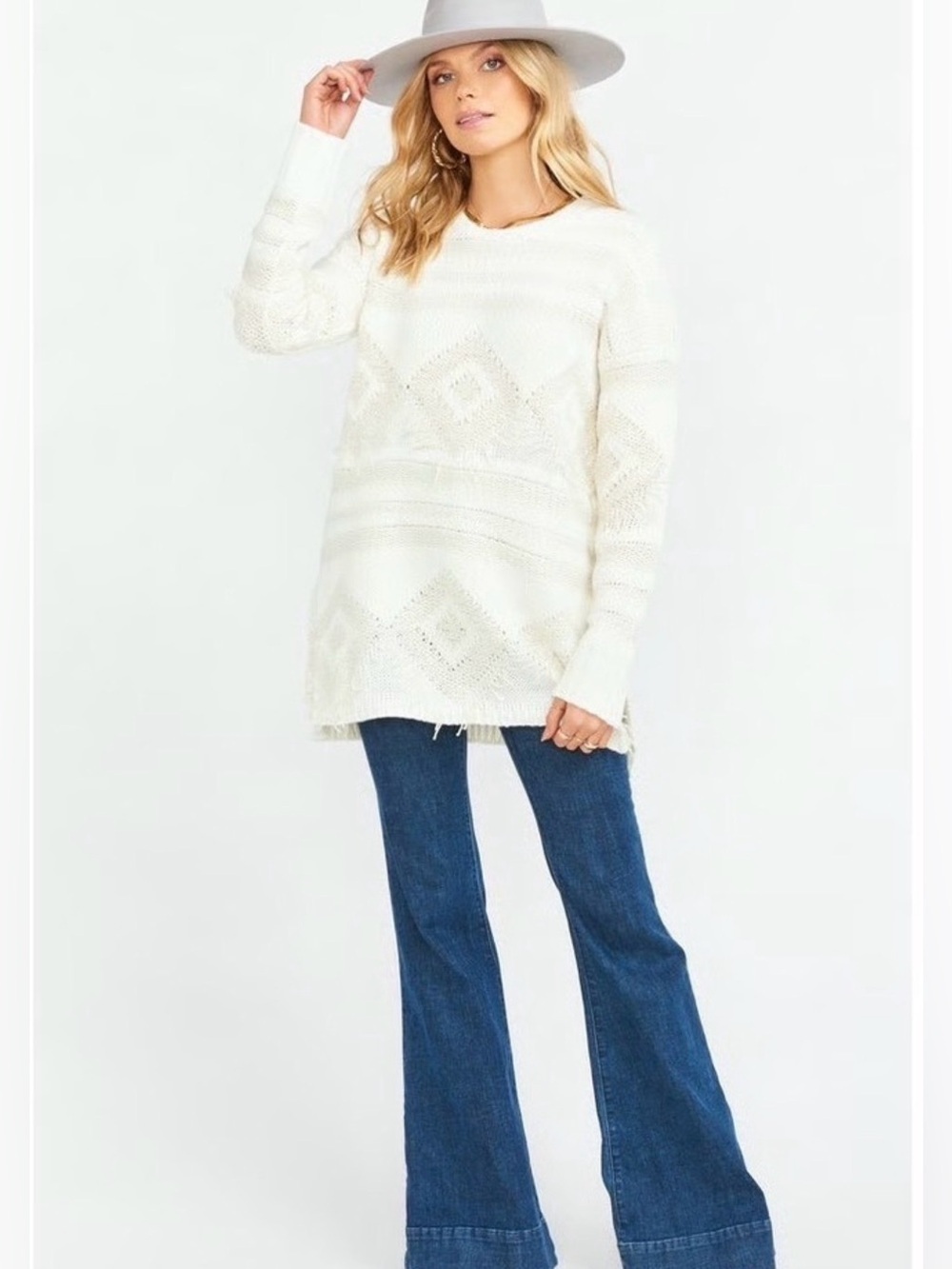 Show Me Your Mumu Canyon Sweater Geo Fringe Cream Knit Sweater Small NWT